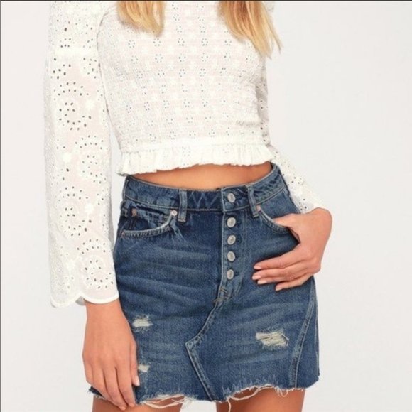 Free People Dresses & Skirts - Free People High Waist Distress Denim Skirt 30 NWT